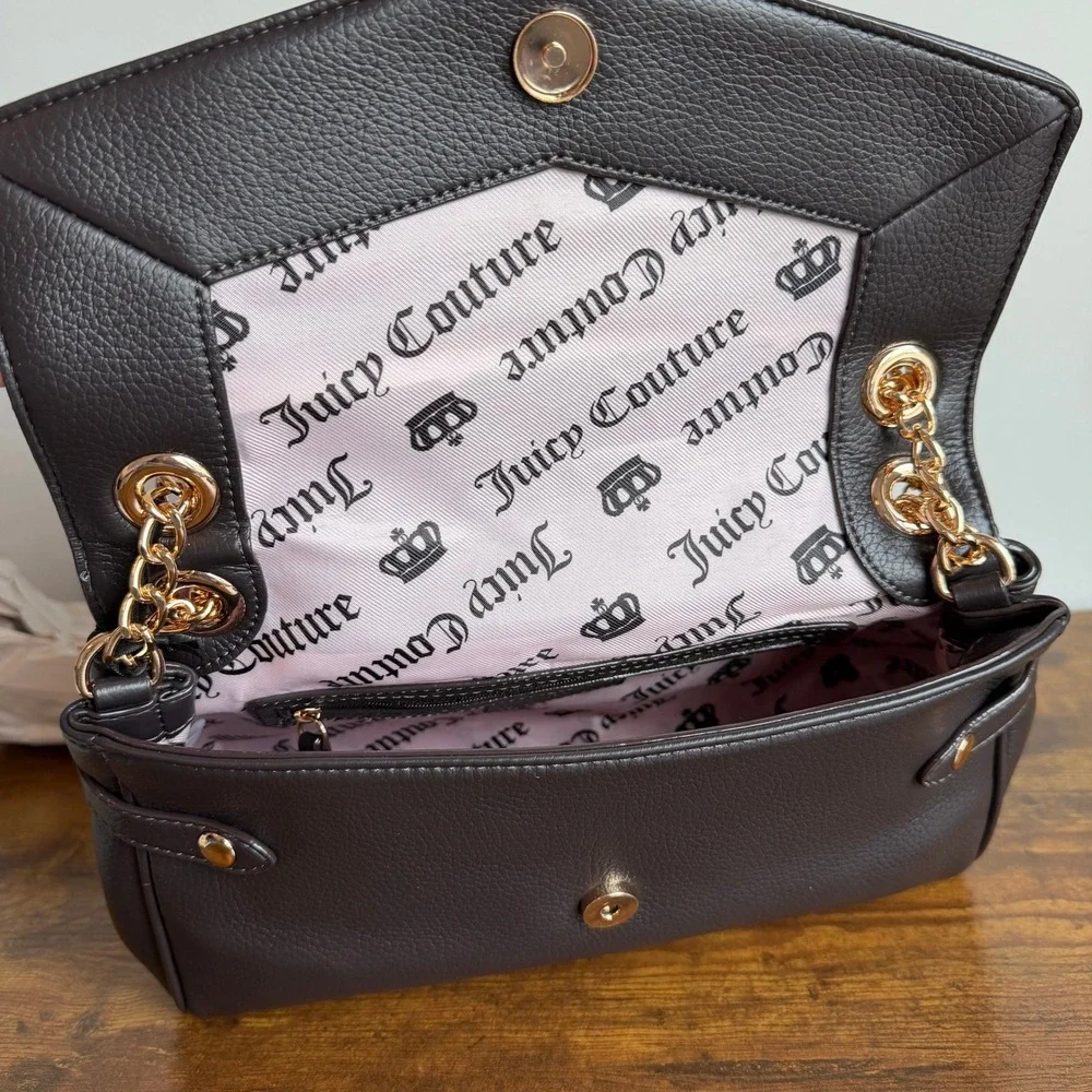 New Juicy Couture The Glam Juicy Brown Shoulder Crossbody Handbag Gold Charm